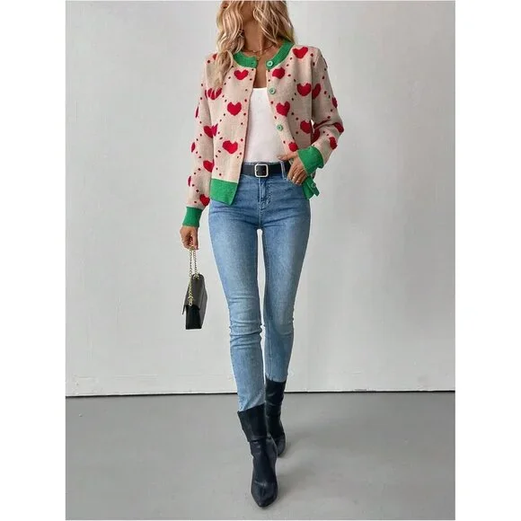 Women's Color Block Heart Cardigan Knit Long Sleeve Button Down Fall Sweater